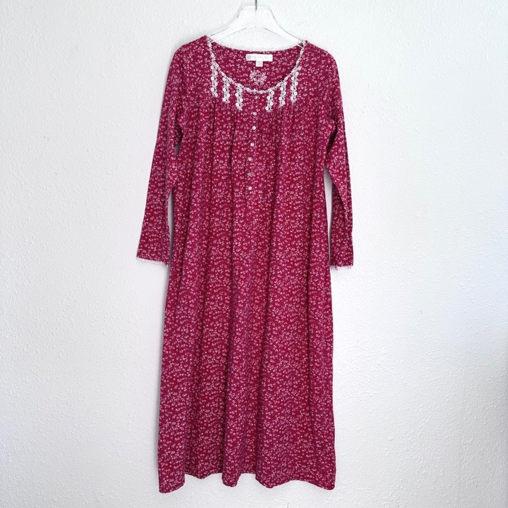 Eileen West Long Sleeve Ballet Traditional Nightgown XS Red Floral Lace Trim